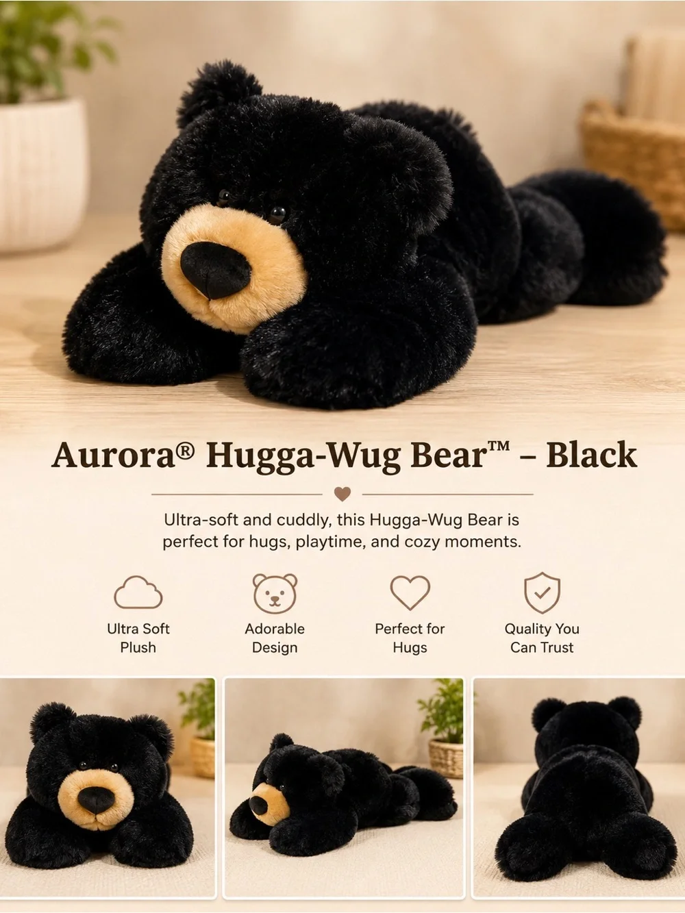Aurora Hugga-Wug Black Plush Bear